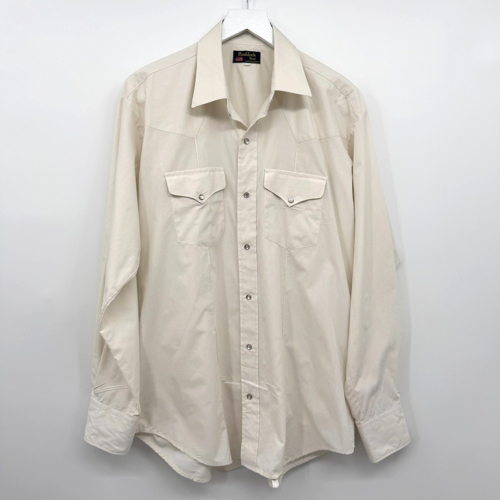 Vintage‎ Ruddock Pearl Snap Shirt Mens 17 36 Western L XL Ranch Rodeo Ivory USA